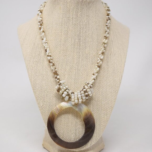 Handmade Shell Pendant Necklace Multi Strand Seed Beads Statement Beachy Mermaid - Picture 1 of 15